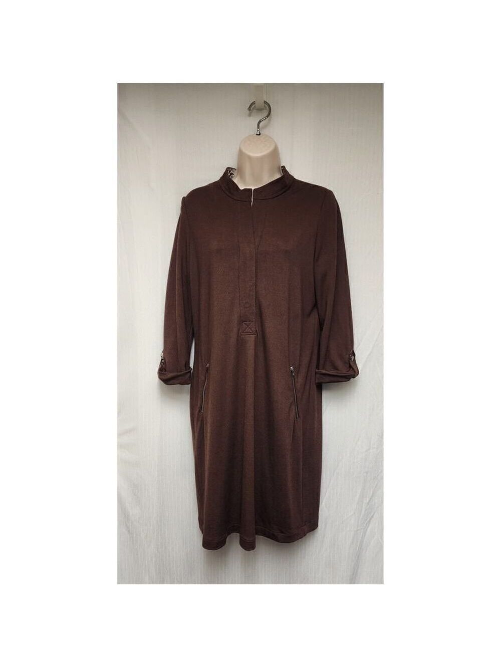 Chico's Brown Notched V-Neck 3/4 Sleeve Knee Length Shirt Dress Size 1 M - Picture 3 of 9